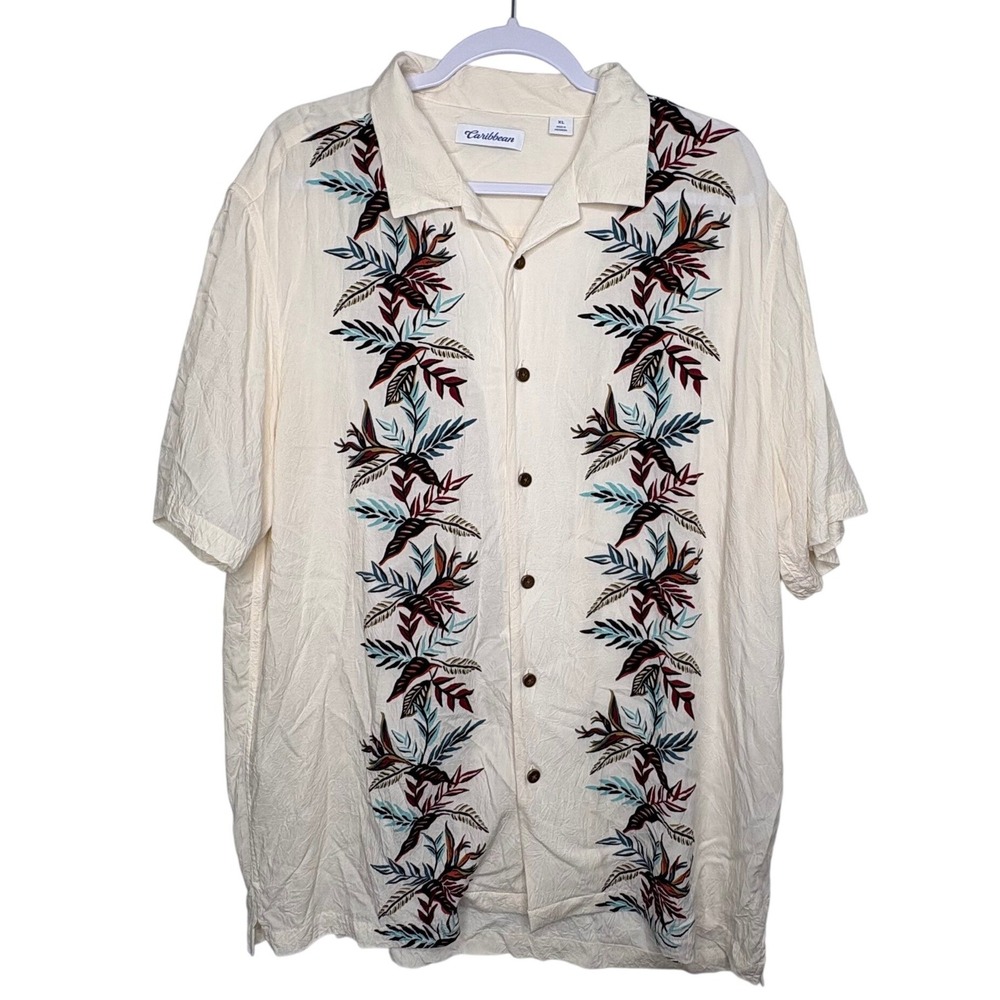 Vtg‎ Caribbean Rayon Camp Shirt XL Cream Vertical Floral Embroidery Soft Drape